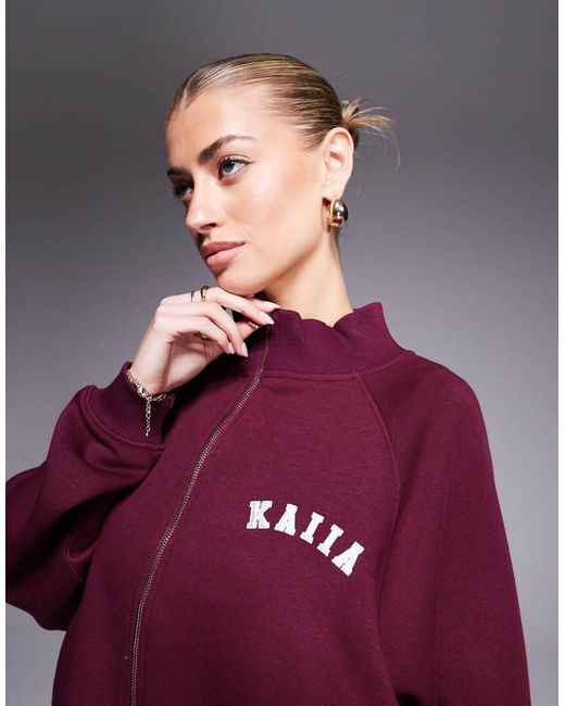 Kaiia Purple Oversized Bomber Zip Through Contrast Logo Sweat Jacket Co-ord