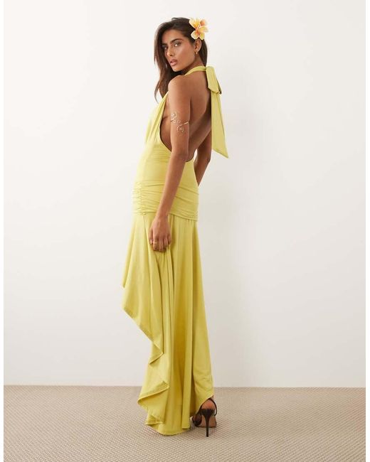 Murci Metallic Slinky Cowl Halterneck Plunge Detail Ruffle High-low Maxi Dress