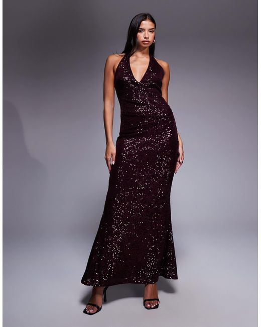 Robe longue avec décolleté plongeant et sequins sur l'ensemble - bordeaux ASOS en coloris Purple