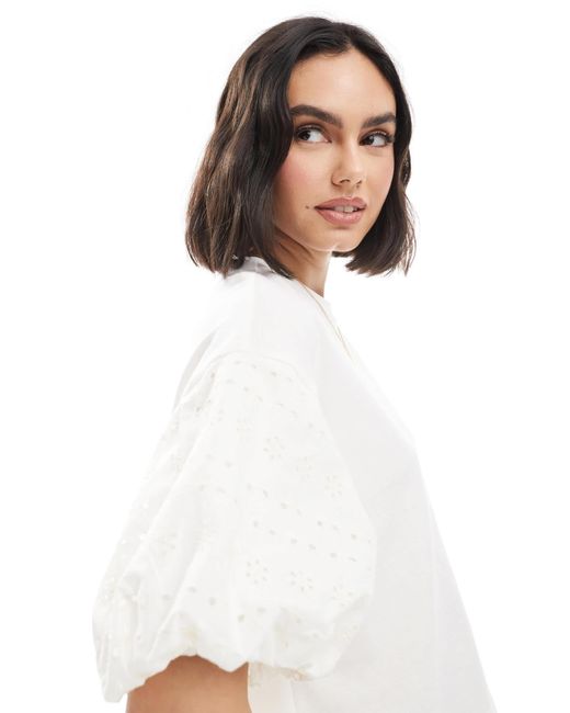 Miss Selfridge White Broderie Puff Sleeve T-shirt