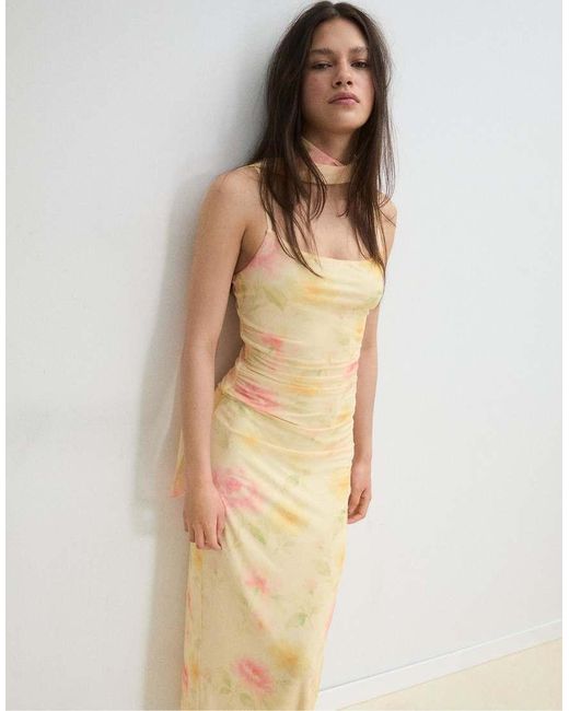 Stradivarius Metallic Printed Tulle Midi Dress With Scarf