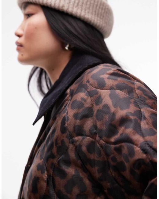 TOPSHOP Leopard Long Nylon Coat With Cord Collar in Brown Lyst UK