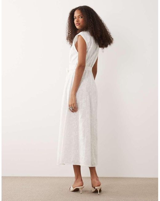 Mango Natural 100% Cotton Embroidered Tie Waist Midi Shirt Dress