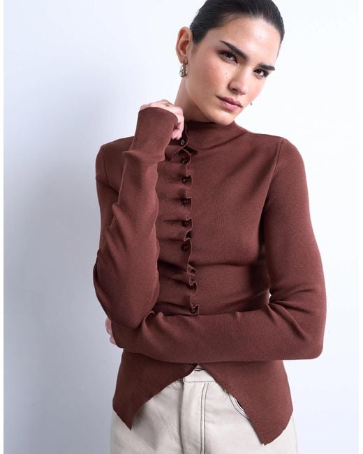 TOPSHOP Red Knitted Ruffle Button Top