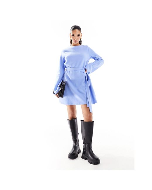 ASOS Blue Supersoft Flare Sleeve Jumper Swing Mini Dress With Belt