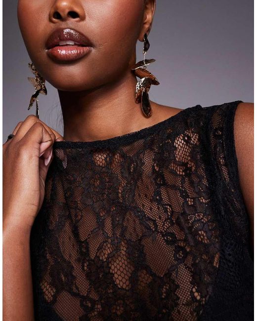 ASOS Black Sleeveless Gathered Side Lace Asymmetric Detail Top