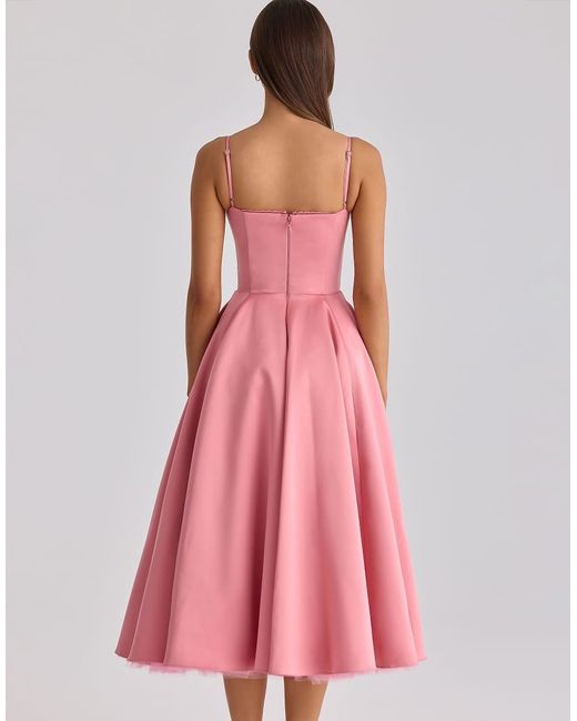 House Of Cb Pink Mademoiselle Raspberry Satin Tulle Midi Dress