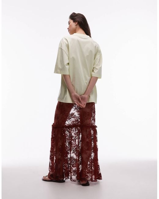 TOPSHOP Red Ruffle Seam Sheer Lace Maxi Skirt