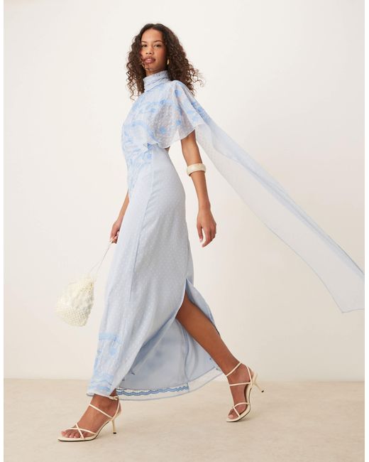 ASOS Embroidered Cape Train Maxi Dress in White | Lyst