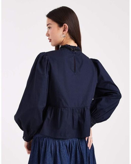 Wednesday's Girl Blue Lace Detailed Long Sleeve Top