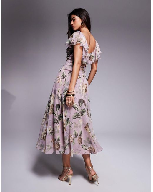 Robe mi-longue à fleurs vintage avec taille basse et jupe ample - lilas ASOS en coloris Multicolor