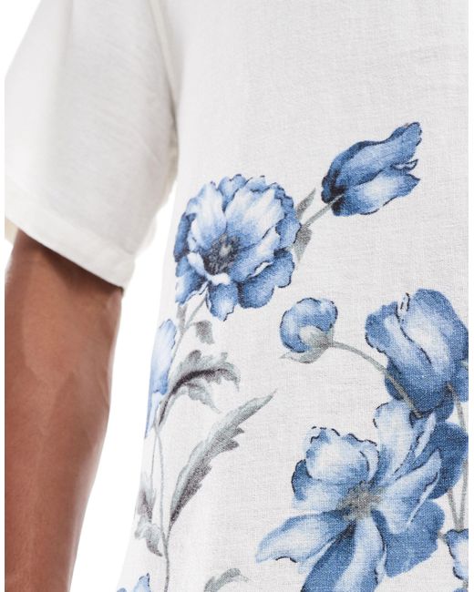 Abercrombie & Fitch White Blue Floral Print Linen Blend Short Sleeve Shirt for men