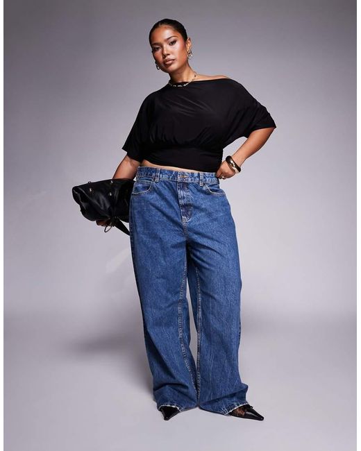 ASOS Black Asos Design Curve Asymmetric One Shoulder Short Sleeve Top With Cinch Waist Detail
