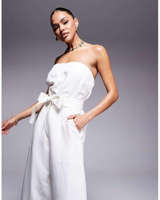 Forever New White Tie Waist Strapless Wide Leg Jumpsuit