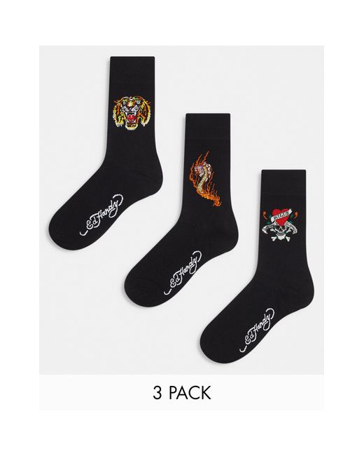 Ed Hardy Black Tinta Tattoo Graphic 3 Pack Crew Socks for men