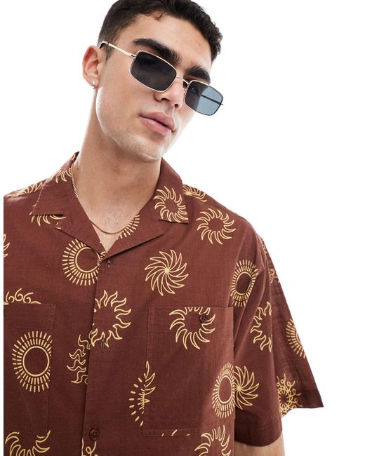 Chemise oversize coupe carrée en aspect lin avec col à revers et imprimé soleils - tabac ASOS pour homme en coloris Brown