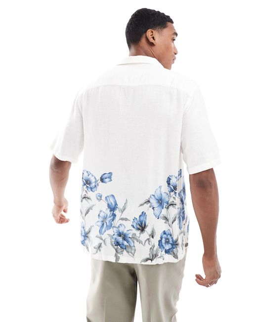 Abercrombie & Fitch White Blue Floral Print Linen Blend Short Sleeve Shirt for men