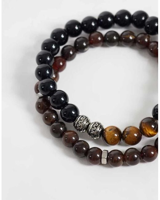 ASOS White 4 Pack Black And Faux Tigers Eye Beaded Bracelet Chain for men