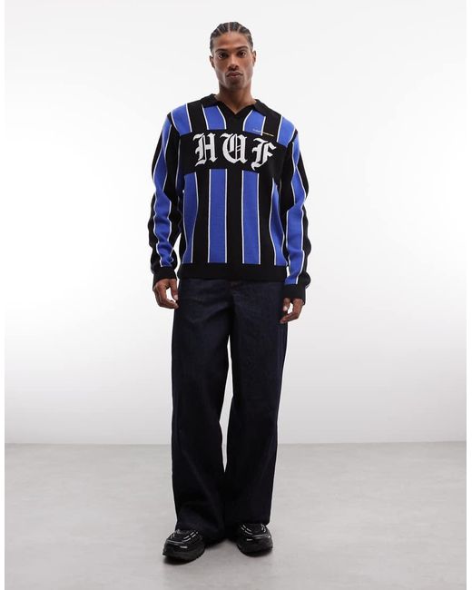 Huf Blue Midfield V Neck Football Style Knitted Jumper for men