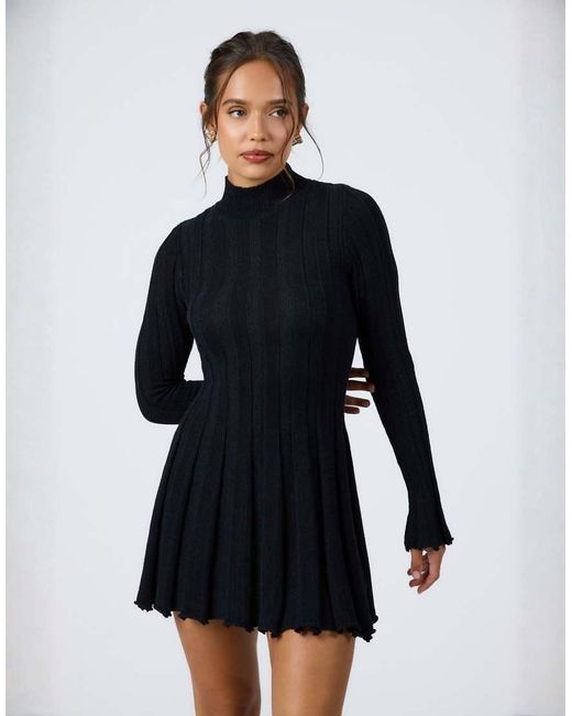 Aria Cove Blue Knitted High Neck Wide Rib Pleat Hem Mini Dress