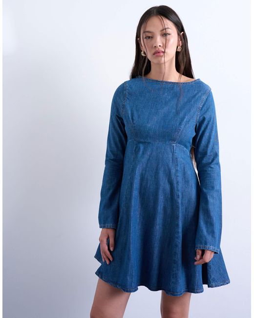TOPSHOP Blue Denim Flute Sleeve Mini Dress