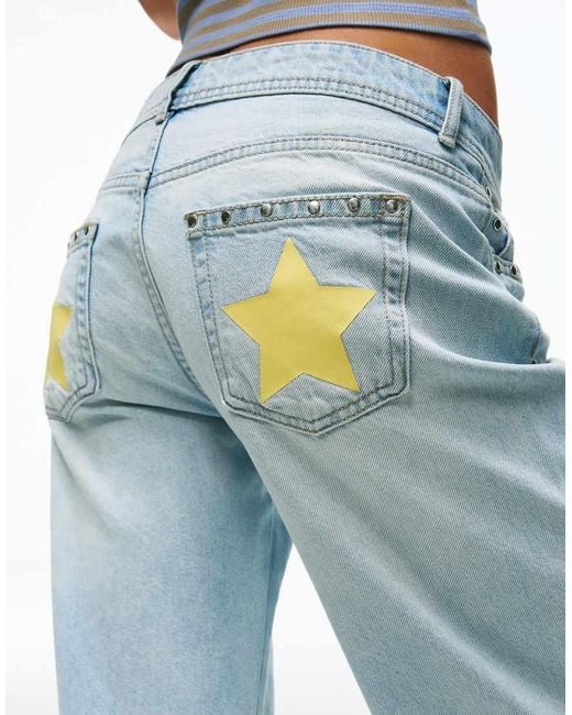 Bershka Blue Petite Low-rise Studded baggy Jeans