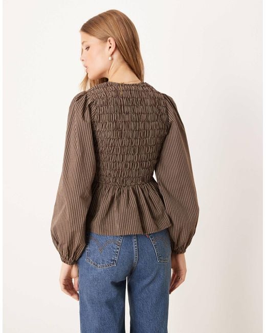 Glamorous Brown – langärmlige, gesmokte bluse