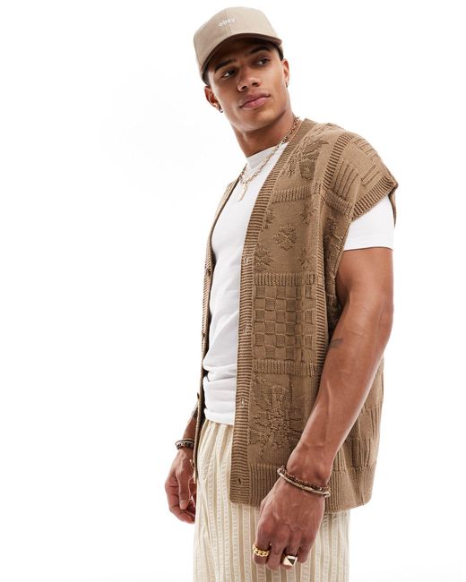ASOS Natural Oversized Cable Knitted Button Through Tank for men
