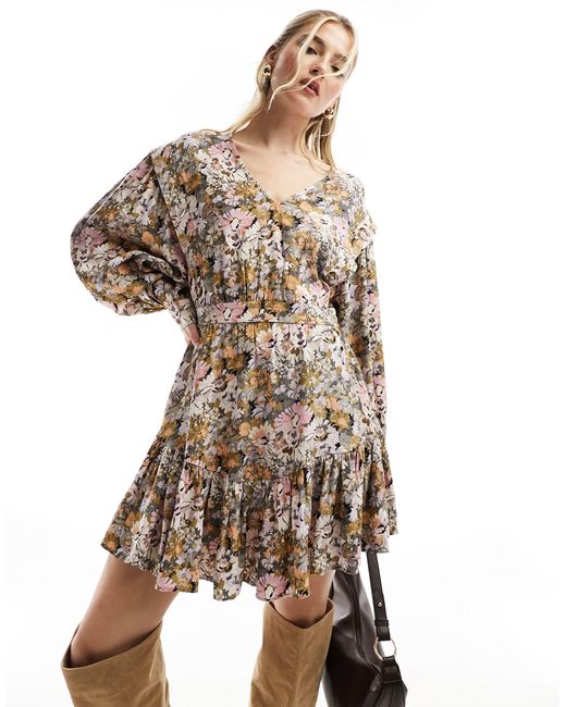 & Other Stories Multicolor V Neck Mini Dress With Volume Sleeves