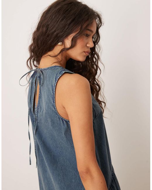 ASOS Blue Slash Neck Smock Midi Dress With Dropped Waist