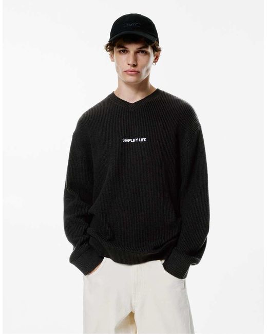 Pull&Bear Gebreide Sweater Met Geborduurde Slogan in het Black voor heren