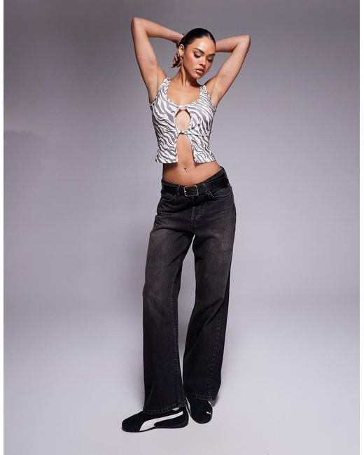 Liquor N Poker Gray Zebra Cut Out Vest Top