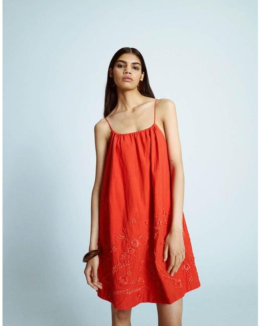 TOPSHOP Red Trapeze Swing Mini Dress With Raffia Embroidery