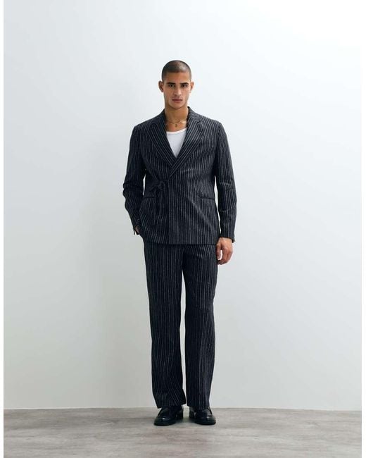 ASOS Blue Wide Linen Rich Suit Trouser With Elasticated Waist for men