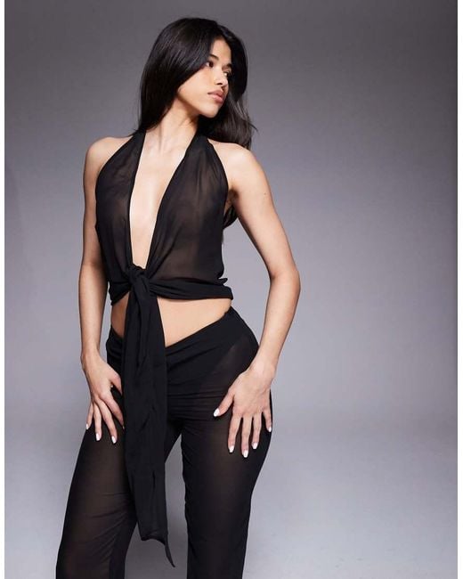 Oh Polly Black Harbour Chiffon Tie-Front Plunge Halter Neck Top Co-Ord