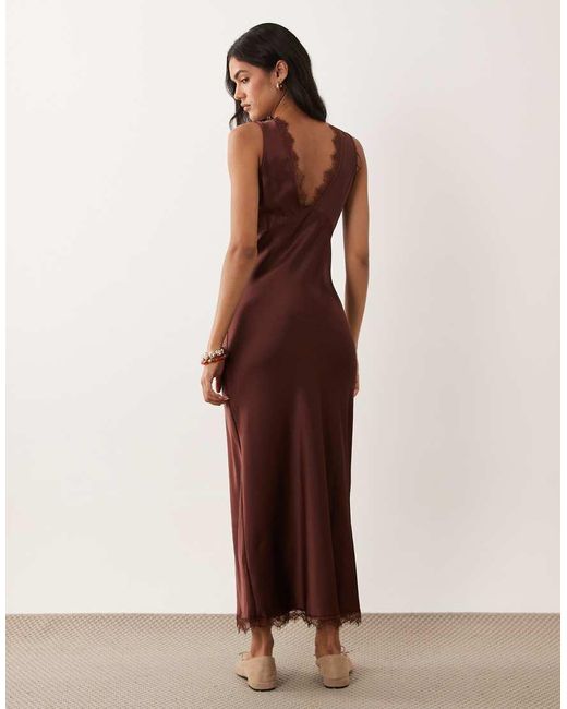 New Look Brown Lace Trim Satin Midi Dress