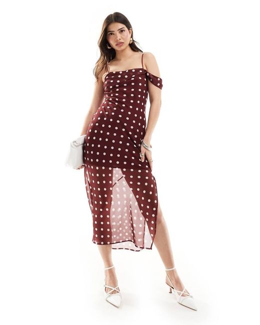 ASOS Midi Slipdress Met Blote Schouder, Bandjes En Stippen in het Red