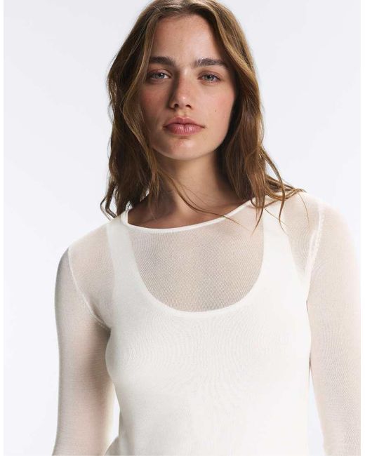 Oysho White Double Sheer Long-Sleeved T-Shirt