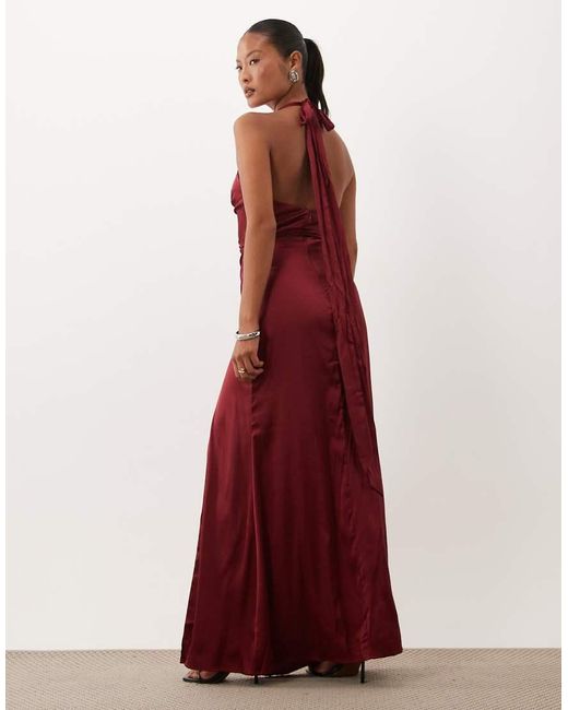 TFNC London Red Tfnc Bridesmaid Petite Satin Halter Neck Cowl Plunge Split Detail Maxi Dress