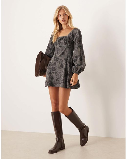 ASOS Gray Cord Square Neck Gather Bust Mini Dress With Volume Sleeve And Lace Trims