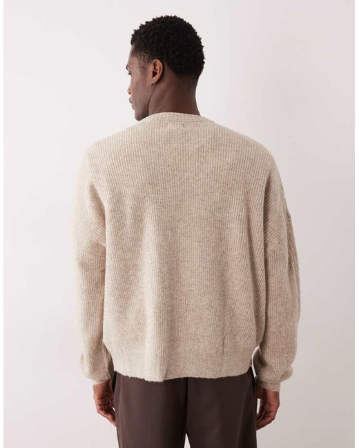 ASOS Natural Oversized Knit Fisherman Rib Wool Blend Crew Neck Cardigan for men