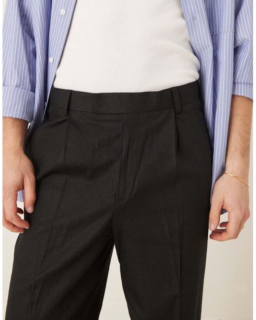 Pantalones De Vestir Negros De Corte Tapered Holgado Con Pinzas Delanteras De Mezcla De Lino De ASOS de hombre de color Black