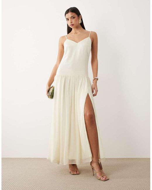 Bardot Natural Linara Chiffon Cami Full Skirt Thigh Split Maxi Dress