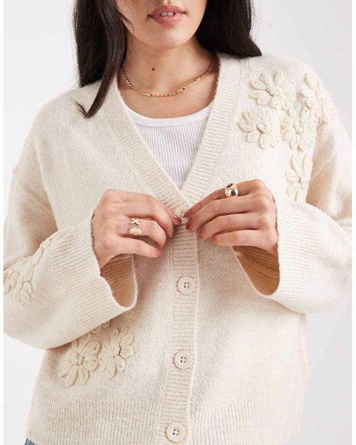Brave Soul White V-neck Cardigan With Flower Embroidered Detail