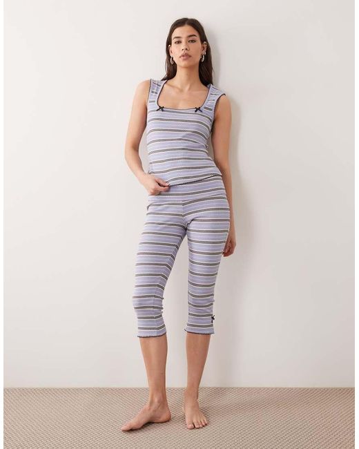 ASOS Multicolor Stripe Ribbed Square Neck Singlet & Capri Pyjama Pants Set