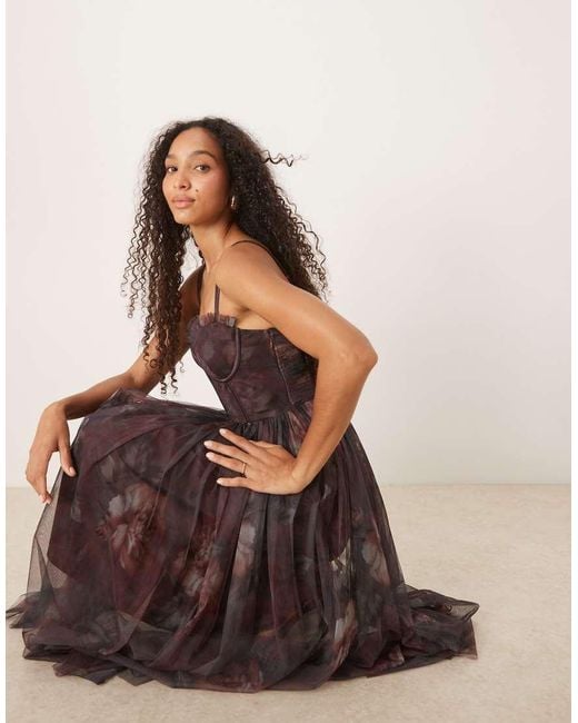 LACE & BEADS Brown Corset Tulle Midaxi Dress
