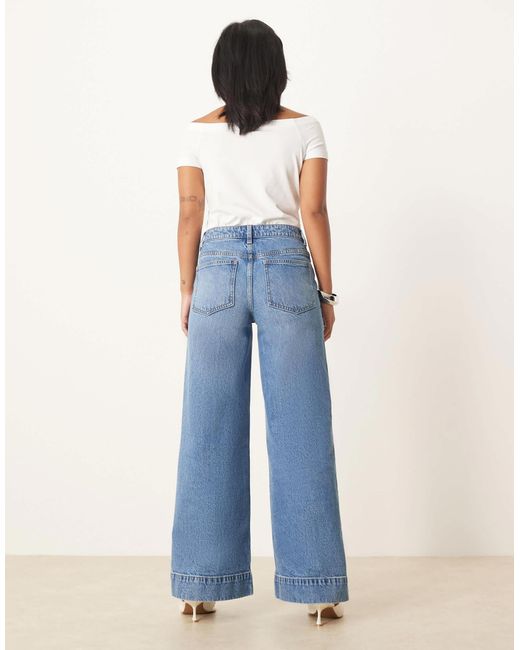 ASOS Blue Asos Design Petite High Rise Wide Leg Jeans With Front Pockets In Mid