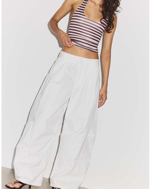 Stradivarius White 100% Cotton Barrel Trousers