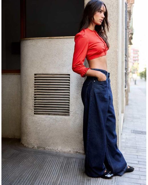 Bershka Red Long Sleeve Cropped Shirt