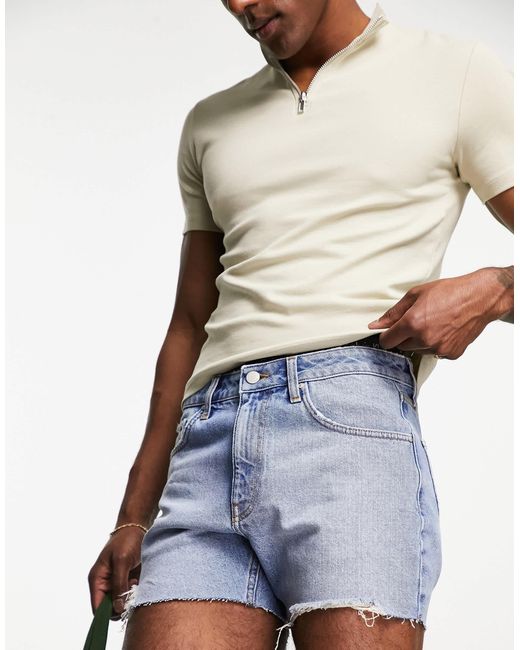 ASOS Blue Slim Shorter Length Ripped Denim Shorts for men